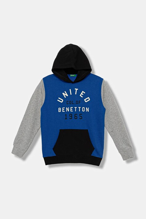 United Colors of Benetton bluza bawełniana dziecięca kolor niebieski z kapturem z nadrukiem 3J68C204V