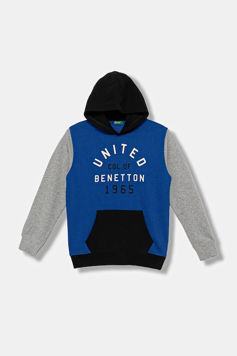 Detská bavlnená mikina United Colors of Benetton modrá farba, s kapucňou, s potlačou, 3J68C204V