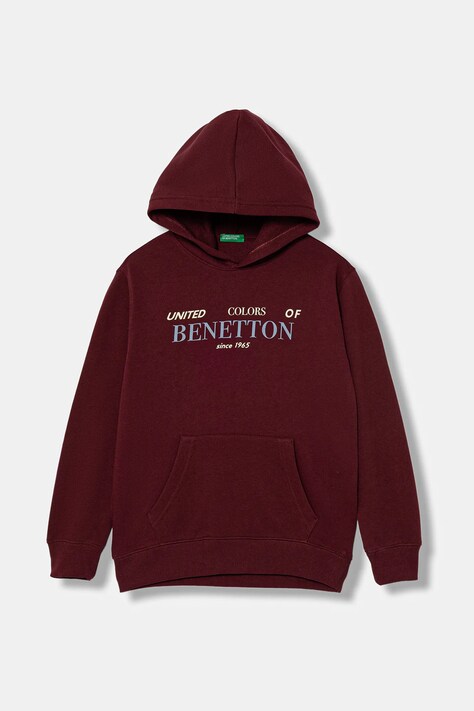 Dětská bavlněná mikina United Colors of Benetton vínová barva, s kapucí, s potiskem, 3J68C204V
