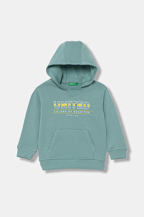United Colors of Benetton bluza bawełniana dziecięca kolor turkusowy z kapturem wzorzysta 3J68G2014