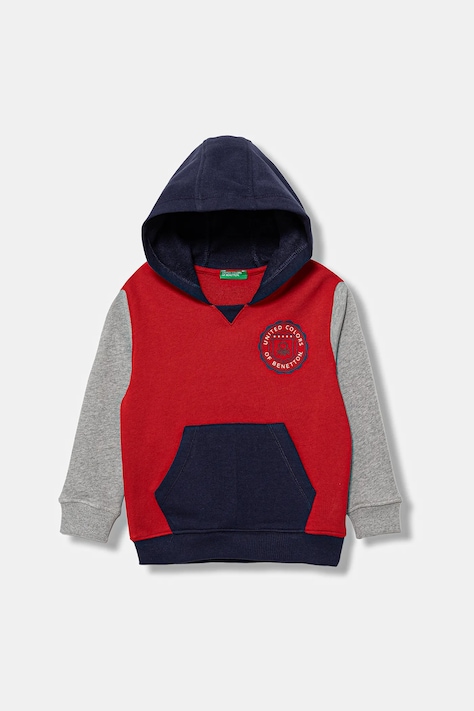 Детски памучен суичър United Colors of Benetton в червено с качулка с десен 3J68G2014