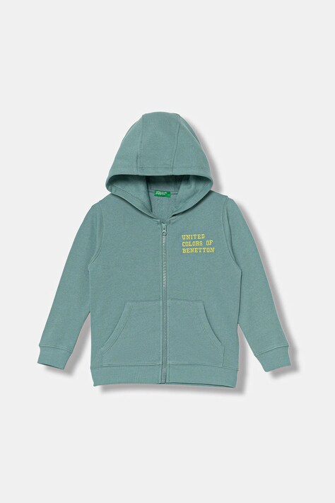 United Colors of Benetton bluza bawełniana dziecięca kolor turkusowy z kapturem gładka 3J68G503V