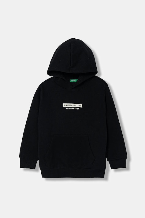 United Colors of Benetton bluză copii culoarea negru, cu glugă, cu imprimeu, 3EB5C205B