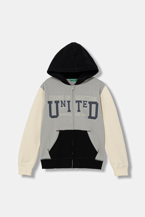 United Colors of Benetton bluza dziecięca kolor szary z kapturem z nadrukiem 3EB5C505L