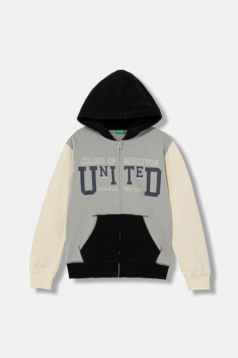 Dětská mikina United Colors of Benetton šedá barva, s kapucí, s potiskem, 3EB5C505L