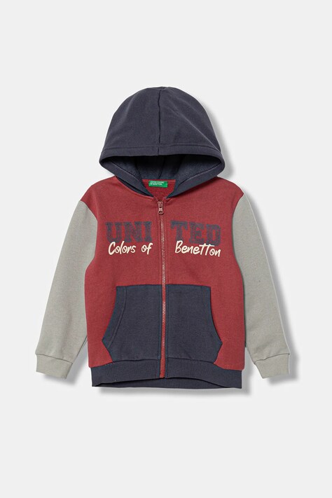 Detská mikina United Colors of Benetton červená farba, s kapucňou, s potlačou, 3EB5G5043