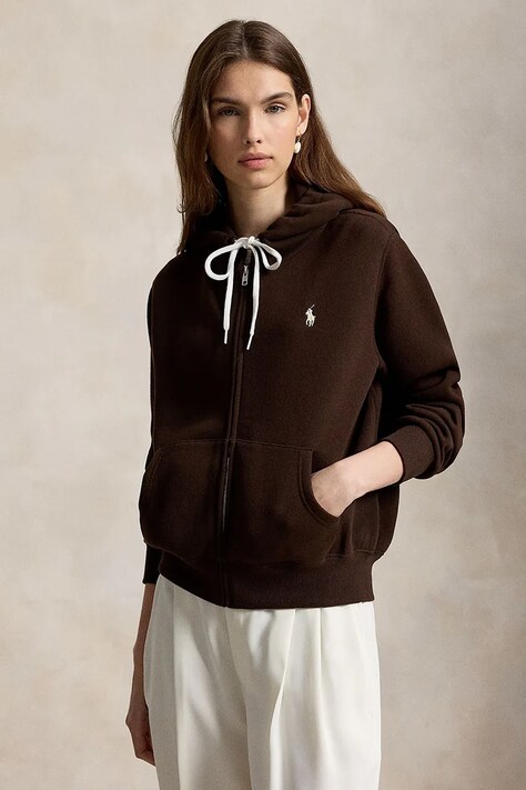 Polo Ralph Lauren Bluza rozpinana z kapturem damska z bawełną brązowa 211971699