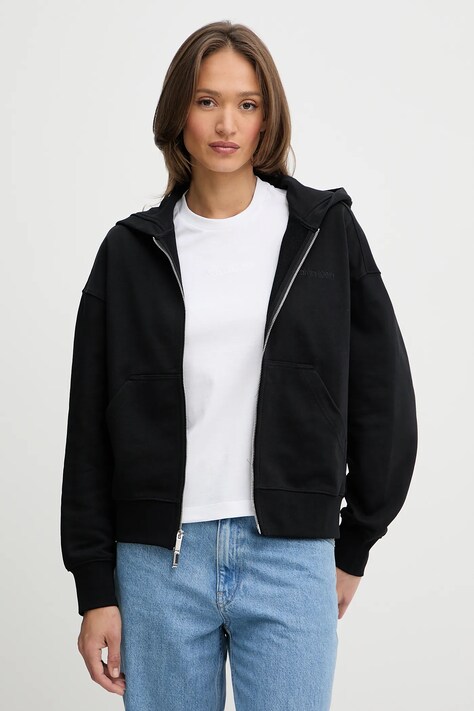 Calvin Klein hanorac de bumbac culoarea negru, cu glugă, uni, LV044C211G