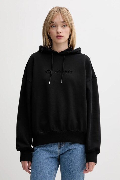 Calvin Klein hanorac de bumbac culoarea negru, cu glugă, cu imprimeu, LV044C210G