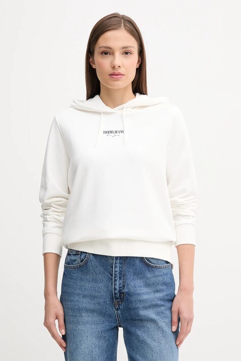 Бавовняна кофта Tommy Jeans колір білий з капюшоном з принтом DW0DW20943
