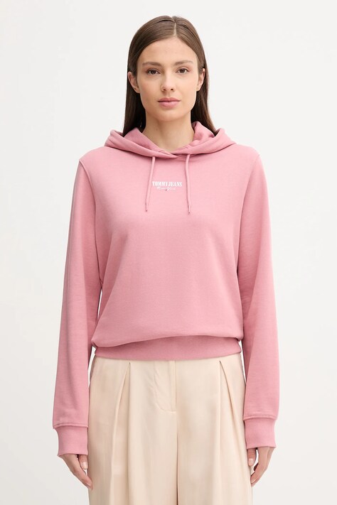 Tommy Jeans bluza bawełniana damska kolor różowy z kapturem z nadrukiem DW0DW20943