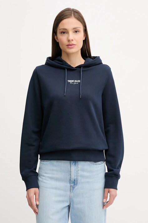 Бавовняна кофта Tommy Jeans колір синій з капюшоном з принтом DW0DW20943
