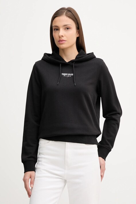 Бавовняна кофта Tommy Jeans колір чорний з капюшоном з принтом DW0DW20943