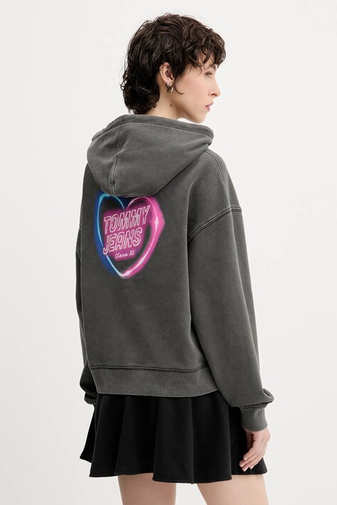 Хлопковая кофта Tommy Jeans цвет серый с капюшоном узор DW0DW20945