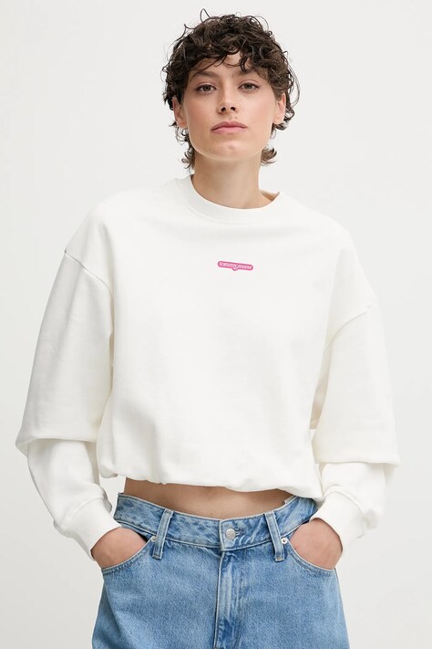 Tommy Jeans hanorac de bumbac culoarea alb, cu imprimeu, DW0DW20947