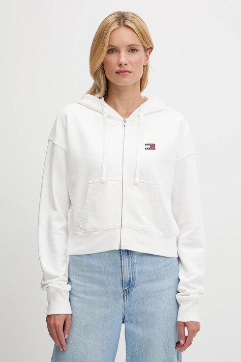 Tommy Jeans bluza bawełniana damska kolor biały z kapturem z aplikacją DW0DW21147