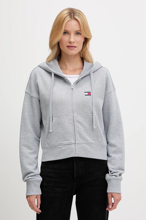 Tommy Jeans hanorac de bumbac culoarea gri, cu glugă, cu imprimeu, DW0DW21147