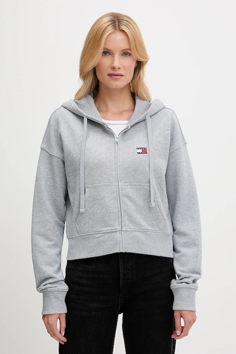 Pamučna dukserica Tommy Jeans za žene, boja: siva, s kapuljačom, s aplikacijom, DW0DW21147