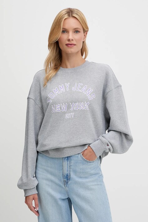 Tommy Jeans hanorac de bumbac culoarea gri, cu imprimeu, DW0DW21202