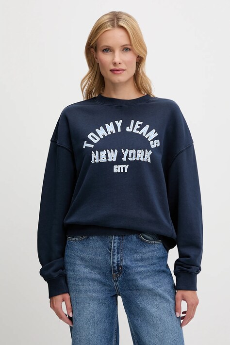 Tommy Jeans hanorac de bumbac culoarea bleumarin, cu imprimeu, DW0DW21202