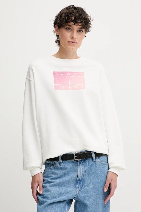 Tommy Jeans hanorac de bumbac culoarea alb, cu imprimeu, DW0DW21396