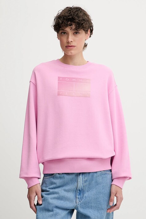 Tommy Jeans hanorac de bumbac culoarea roz, cu imprimeu, DW0DW21396