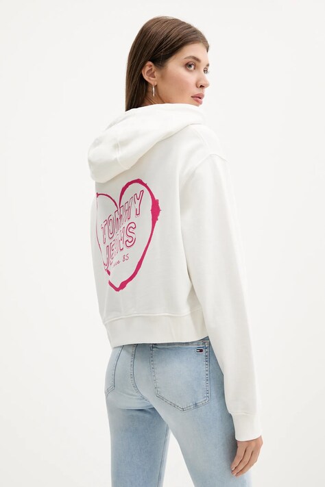Tommy Jeans bluza bawełniana damska kolor biały z kapturem z nadrukiem DW0DW21408