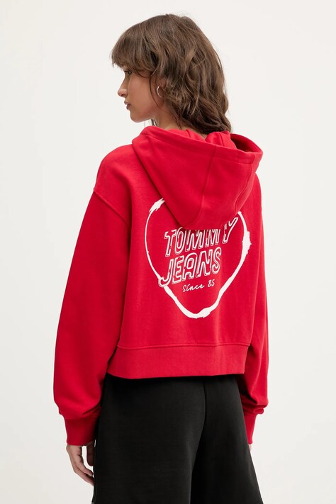 Tommy Jeans bluza bawełniana damska kolor czerwony z kapturem z nadrukiem DW0DW21408