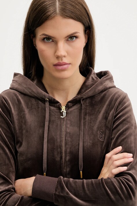 Juicy Couture bluza ROBERTSON HOODIE damska kolor brązowy z kapturem z aplikacją JCAP176G