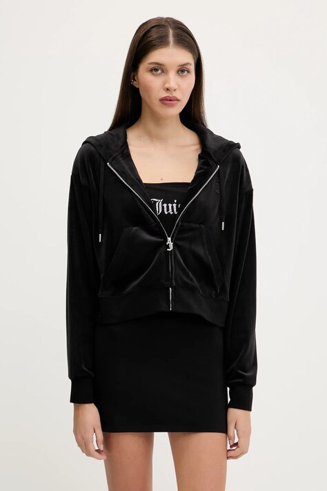 Велюрова кофта Juicy Couture BRENDAL CROP OVERSIZED HOODIE колір чорний з капюшоном однотонна JCBAS225801