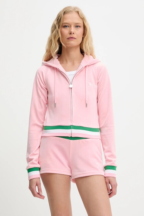 Кофта Juicy Couture VELOUR CROPPED STRIPE HOODIE колір рожевий з капюшоном з аплікацією JCWAS225351