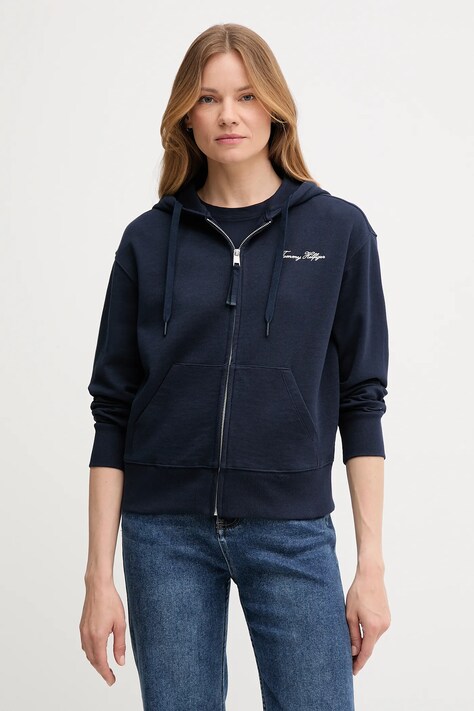 Mikina Tommy Hilfiger dámská, tmavomodrá barva, s kapucí, hladká, WW0WW45742