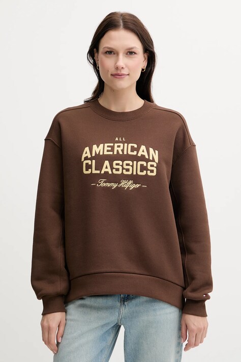 Tommy Hilfiger bluză culoarea maro, cu imprimeu, WW0WW45752