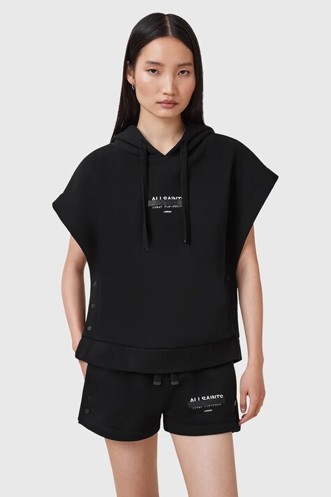 AllSaints bluza SORRI damska kolor czarny z kapturem z nadrukiem W093JC