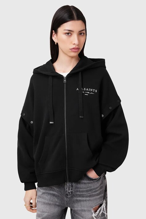 Bavlněná mikina AllSaints AROMA dámská, černá barva, s kapucí, s potiskem, W134JC