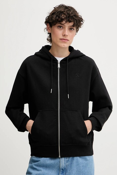 Pulover Calvin Klein Jeans ženski, črna barva, s kapuco, LV047B237G