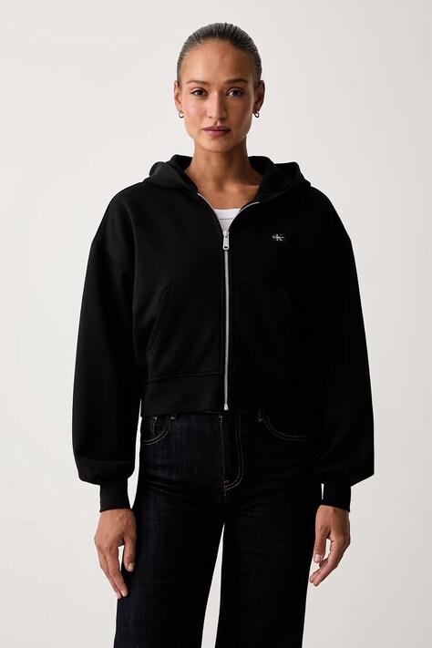 Calvin Klein Jeans cipzáras melegítőfelső kapucnival női pamut fekete LV047C216G