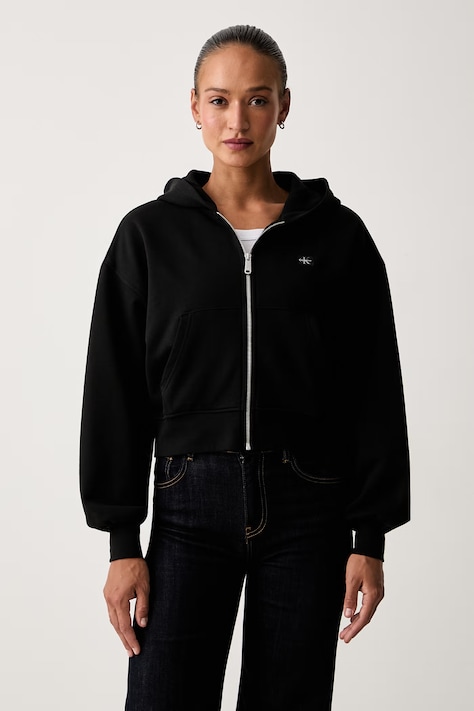 Calvin Klein Jeans cipzáras melegítőfelső kapucnival női pamut fekete LV047C216G