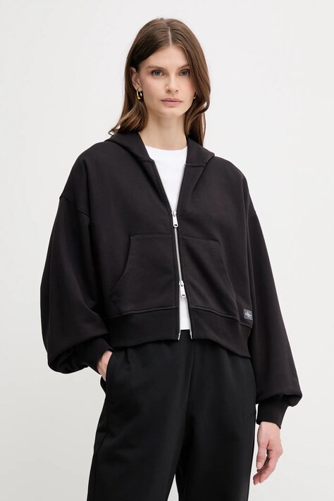 Bombažen pulover Calvin Klein Jeans ženski, črna barva, s kapuco, LV047C216G