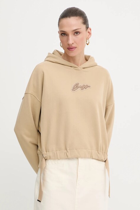 Bavlněná mikina BOSS Orange dámská, zelená barva, s kapucí, s aplikací, 50545507