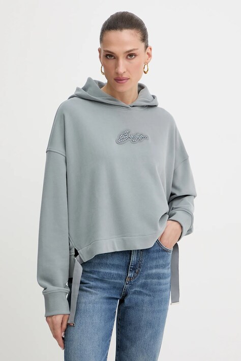 BOSS Orange bluza bawełniana damska kolor szary z kapturem z aplikacją 50545507
