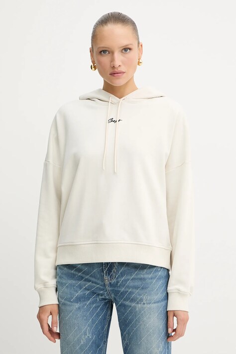 BOSS Orange bluza bawełniana damska kolor beżowy z kapturem gładka 50547572