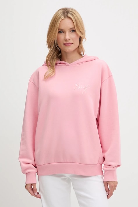 Bavlněná mikina HUGO dámská, růžová barva, s kapucí, s potiskem, 50544870