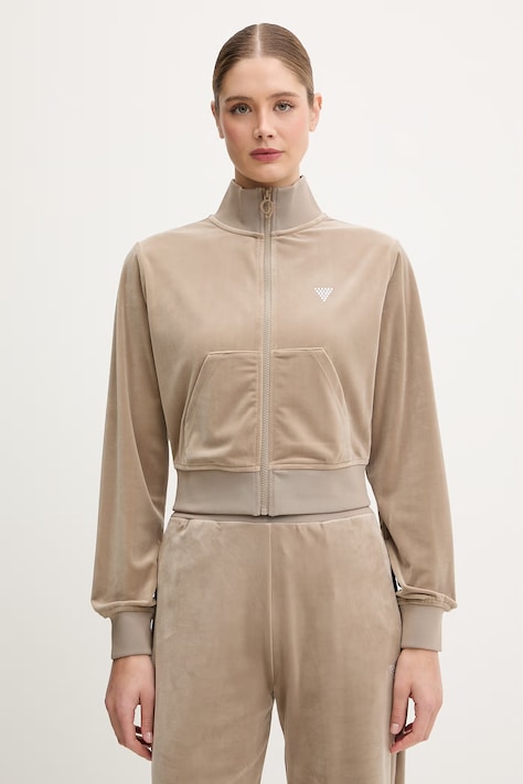 Guess bluza welurowa COUTURE damska kolor beżowy gładka V3BQ22 K0232