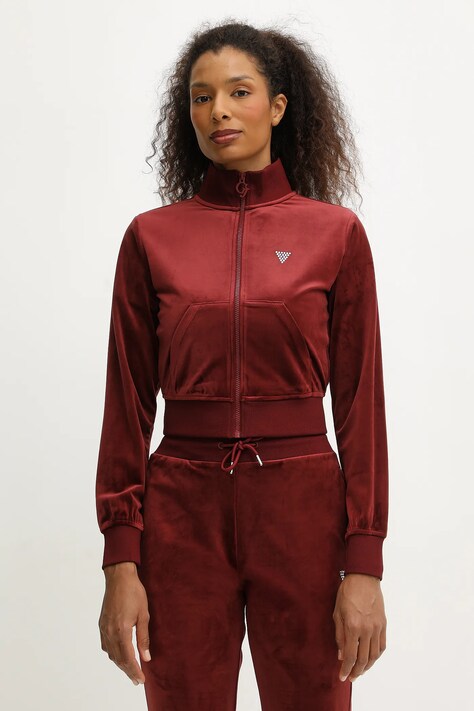 Guess bluza welurowa COUTURE damska kolor bordowy gładka V3BQ22 K0232