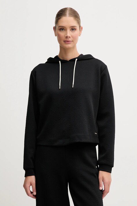 Guess bluză PEONY culoarea negru, cu glugă, uni, V5YQ04 KBSL2