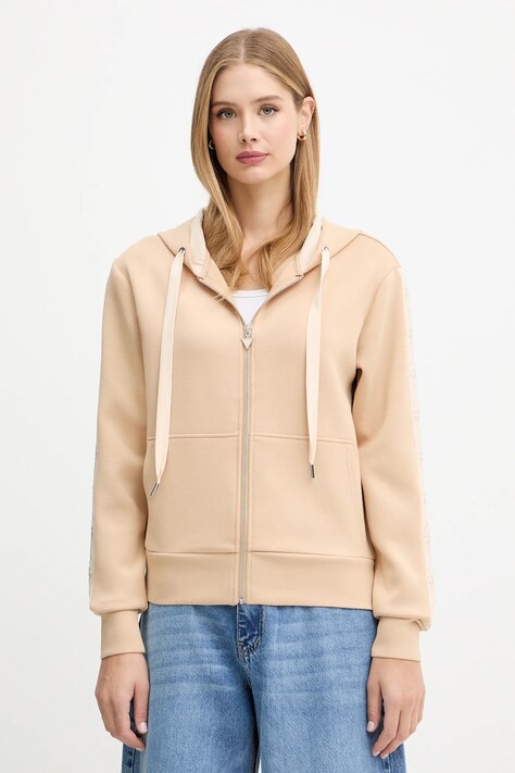 Guess bluza damska kolor beżowy z kapturem z aplikacją W5YQ05 KBYE2