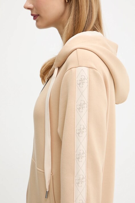 Guess bluza damska kolor beżowy z kapturem z aplikacją W5YQ05 KBYE2