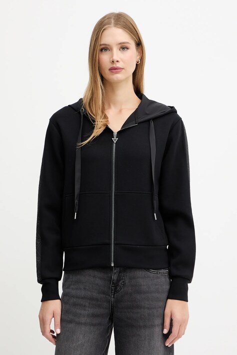 Guess bluza damska kolor czarny z kapturem z aplikacją W5YQ05 KBYE2
