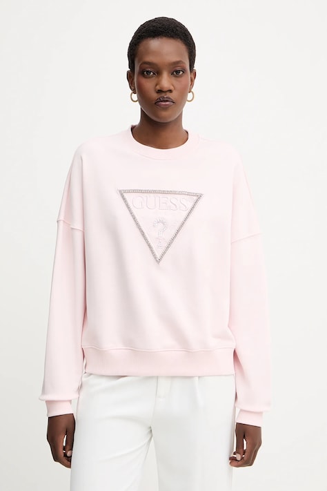 Памучен суичър Guess RACHELE в розово с апликация W5YQ04 KC8I0